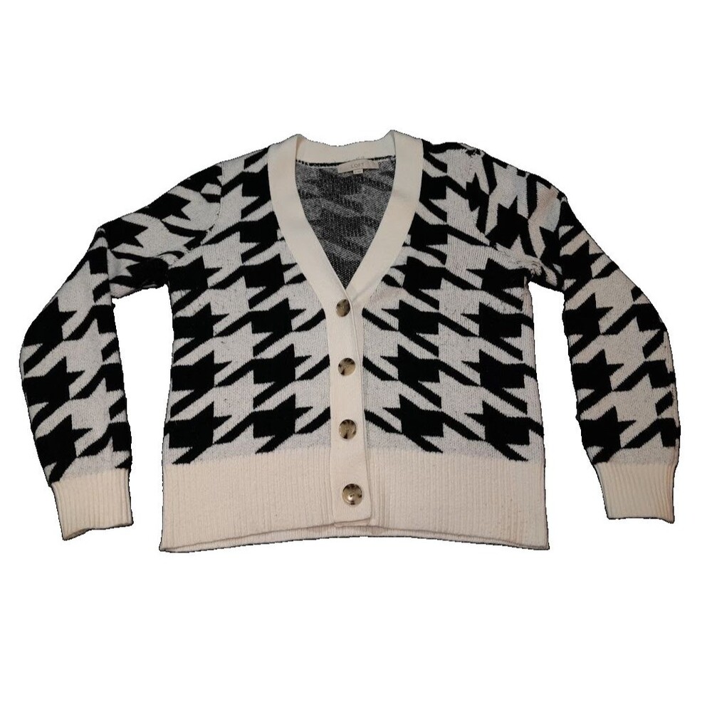 Y2K LOFT Medium Ivory Black Houndstooth V-Neck Button Front Cardigan Sweater
